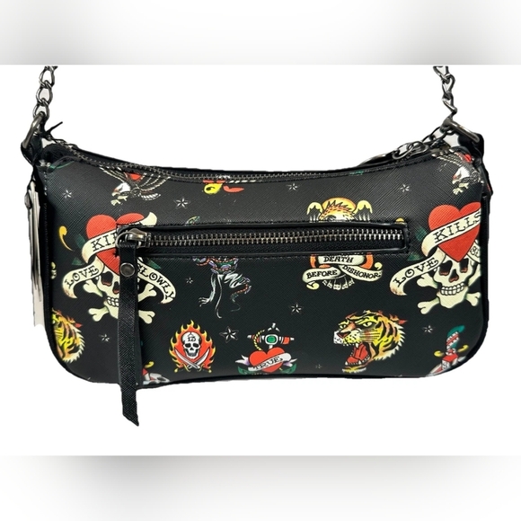 Ed Hardy Black Tattoo Print Shoulder Bag NWT Chain Strap Y2K Purse Retail $70 - Picture 5 of 9